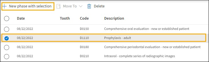 New Treatment Plan with selected procedure and a yellow highlight boxes around the procedure as well as the +New Phase with selection option.